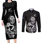 New Zealand Silver Fern Rugby Custom Couples Matching Long Sleeve Bodycon Dress and Long Sleeve Button Shirt Maori Tiki Black Version