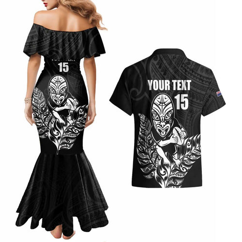 New Zealand Silver Fern Rugby Custom Couples Matching Mermaid Dress and Hawaiian Shirt Maori Tiki Black Version
