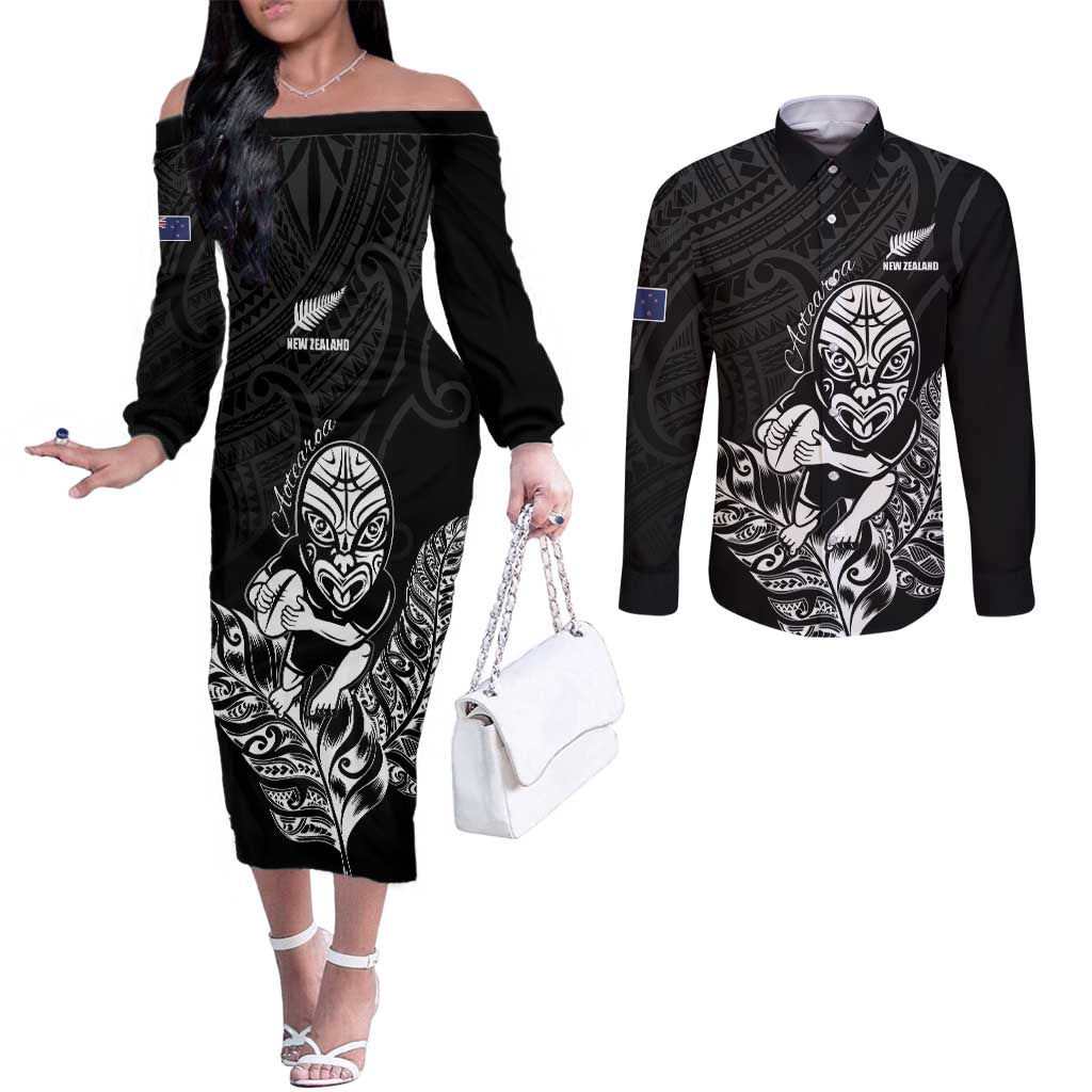 New Zealand Silver Fern Rugby Custom Couples Matching Off The Shoulder Long Sleeve Dress and Long Sleeve Button Shirt Maori Tiki Black Version