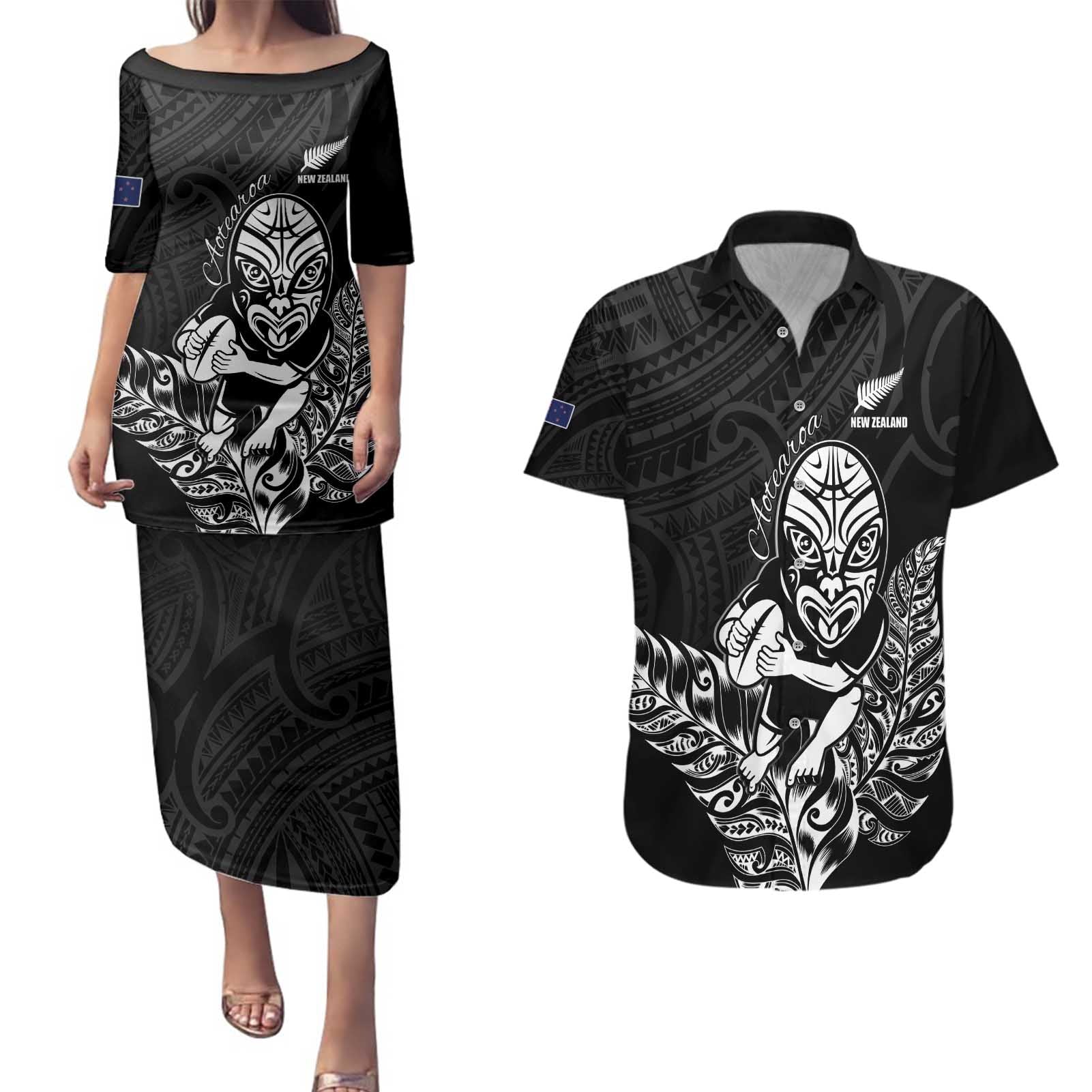 New Zealand Silver Fern Rugby Custom Couples Matching Puletasi and Hawaiian Shirt Maori Tiki Black Version