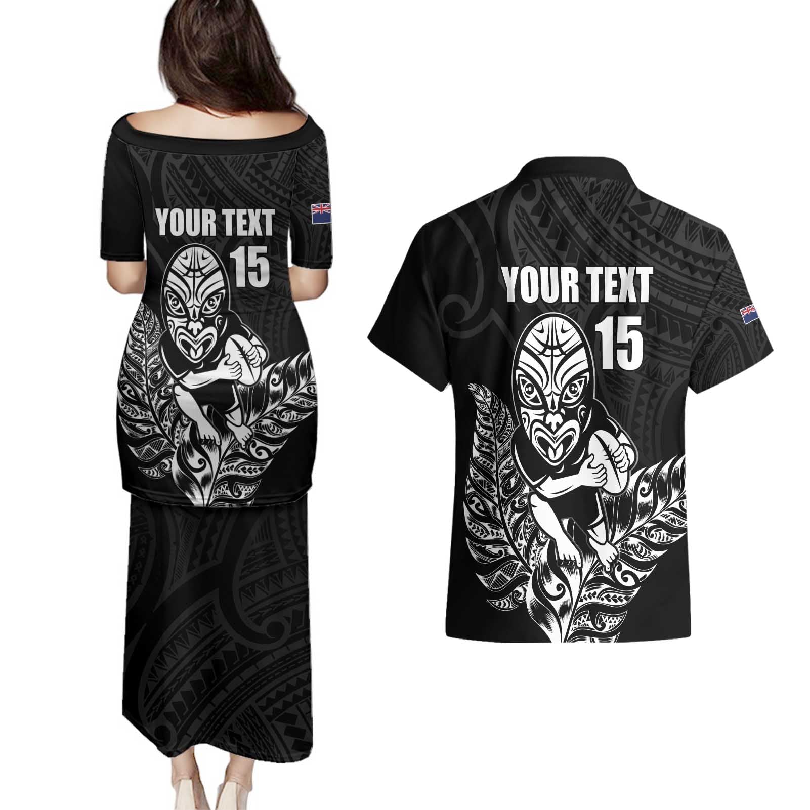 New Zealand Silver Fern Rugby Custom Couples Matching Puletasi and Hawaiian Shirt Maori Tiki Black Version