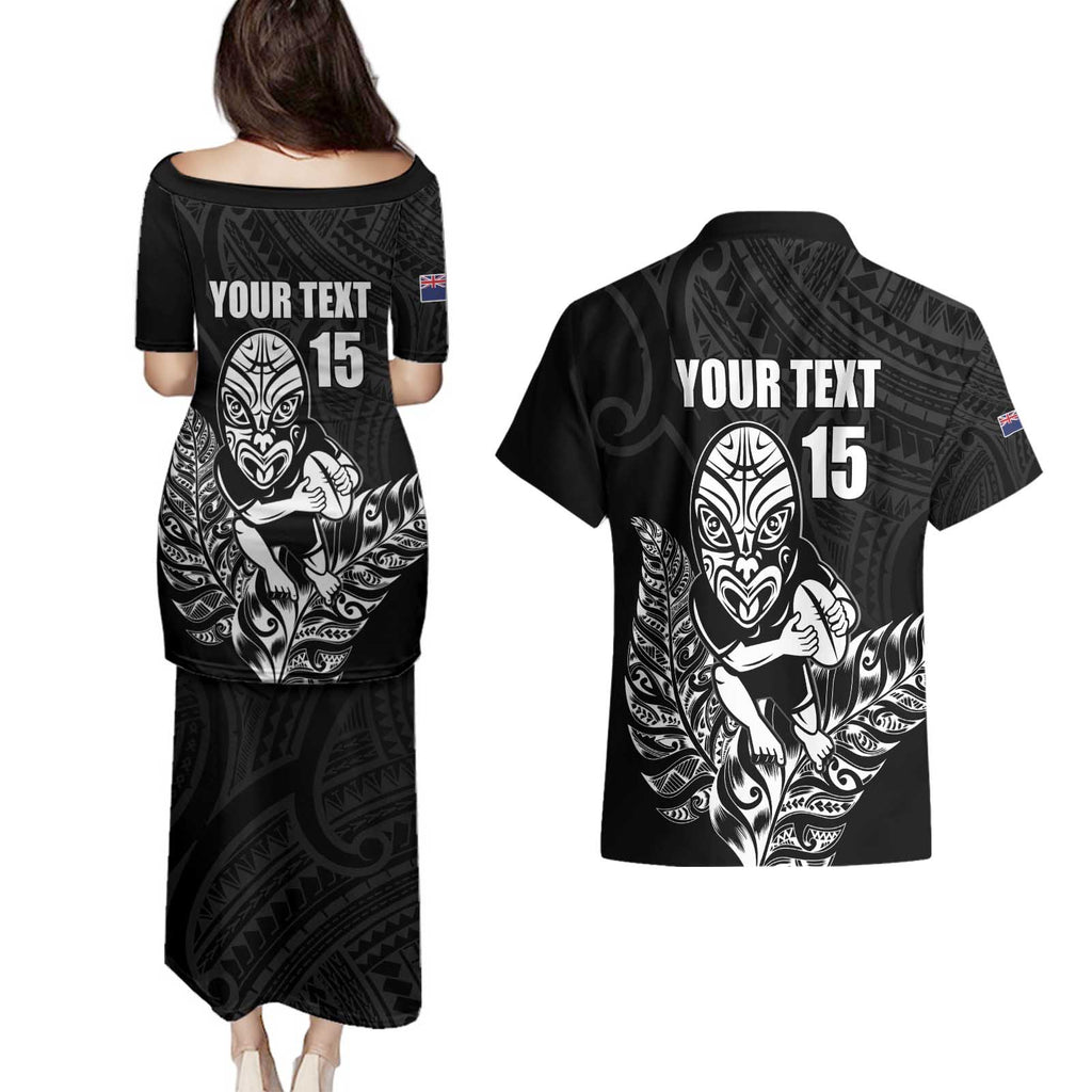 New Zealand Silver Fern Rugby Custom Couples Matching Puletasi and Hawaiian Shirt Maori Tiki Black Version