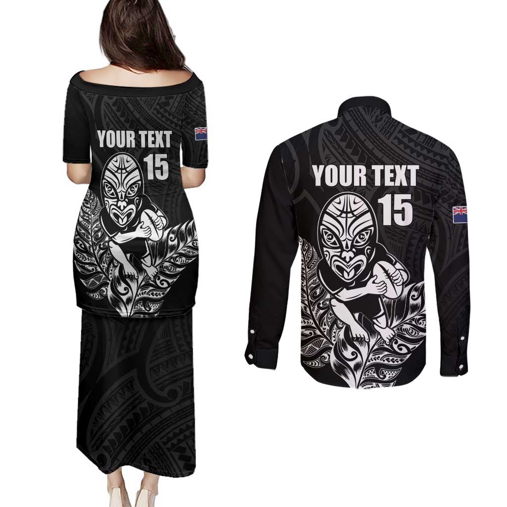 New Zealand Silver Fern Rugby Custom Couples Matching Puletasi and Long Sleeve Button Shirt Maori Tiki Black Version