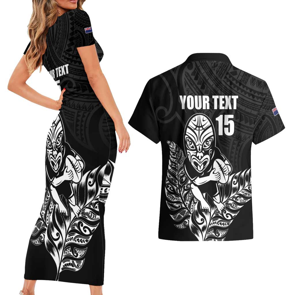 New Zealand Silver Fern Rugby Custom Couples Matching Short Sleeve Bodycon Dress and Hawaiian Shirt Maori Tiki Black Version