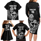 New Zealand Silver Fern Rugby Custom Family Matching Long Sleeve Bodycon Dress and Hawaiian Shirt Maori Tiki Black Version
