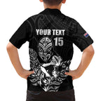 New Zealand Silver Fern Rugby Custom Family Matching Off The Shoulder Long Sleeve Dress and Hawaiian Shirt Maori Tiki Black Version