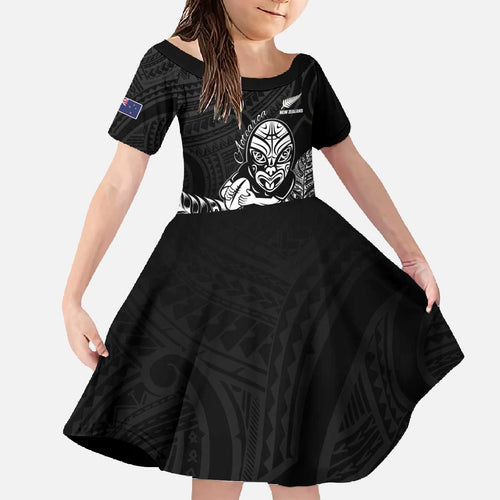 New Zealand Silver Fern Rugby Custom Family Matching Off The Shoulder Long Sleeve Dress and Hawaiian Shirt Maori Tiki Black Version