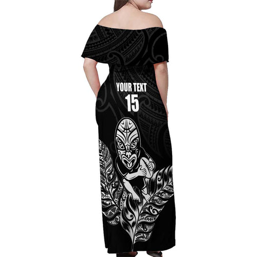 New Zealand Silver Fern Rugby Custom Family Matching Off Shoulder Maxi Dress and Hawaiian Shirt Maori Tiki Black Version