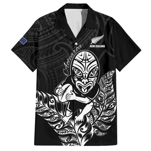 New Zealand Silver Fern Rugby Custom Family Matching Off Shoulder Short Dress and Hawaiian Shirt Maori Tiki Black Version