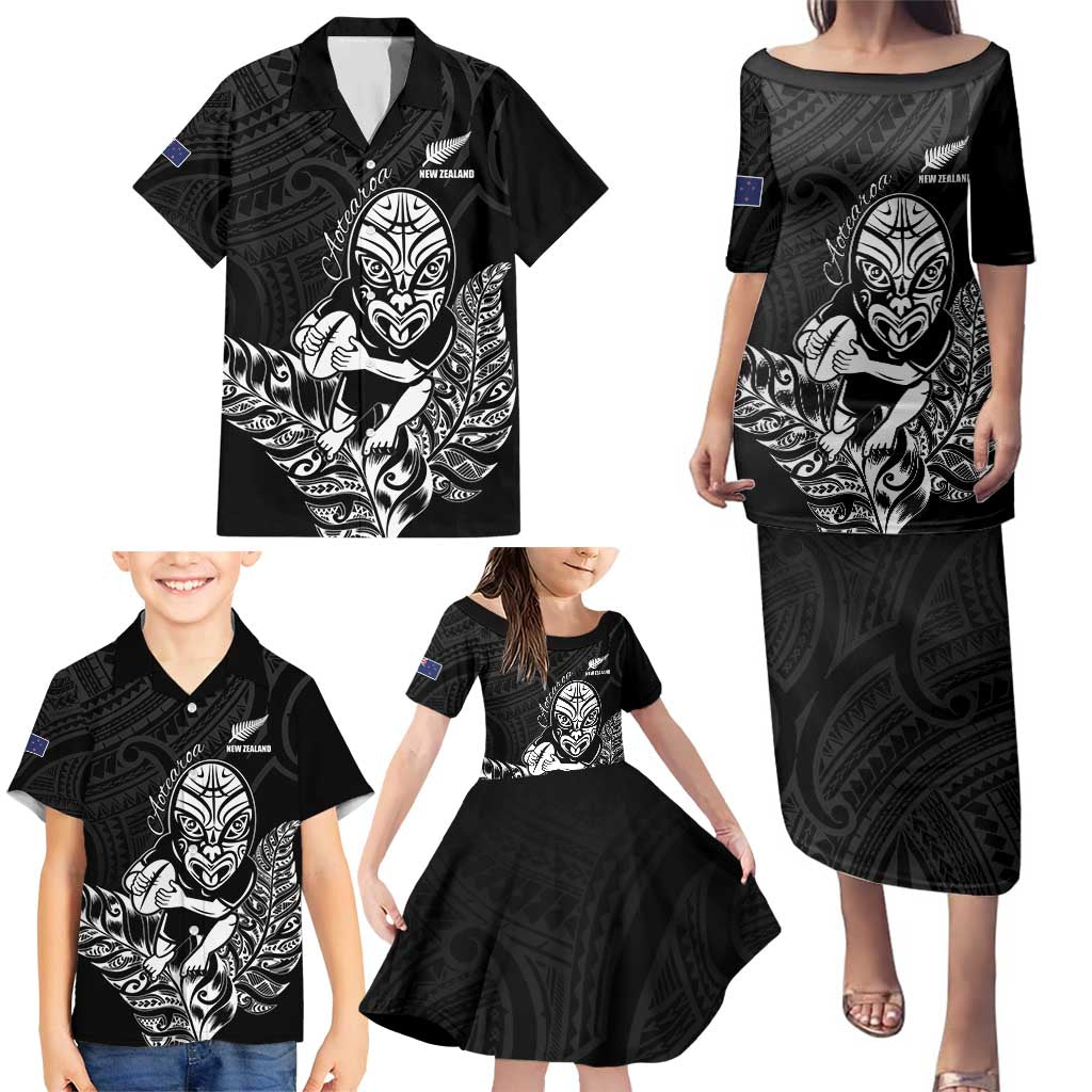 New Zealand Silver Fern Rugby Custom Family Matching Puletasi and Hawaiian Shirt Maori Tiki Black Version
