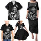 New Zealand Silver Fern Rugby Custom Family Matching Puletasi and Hawaiian Shirt Maori Tiki Black Version