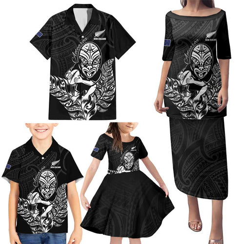 New Zealand Silver Fern Rugby Custom Family Matching Puletasi and Hawaiian Shirt Maori Tiki Black Version