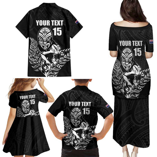 New Zealand Silver Fern Rugby Custom Family Matching Puletasi and Hawaiian Shirt Maori Tiki Black Version