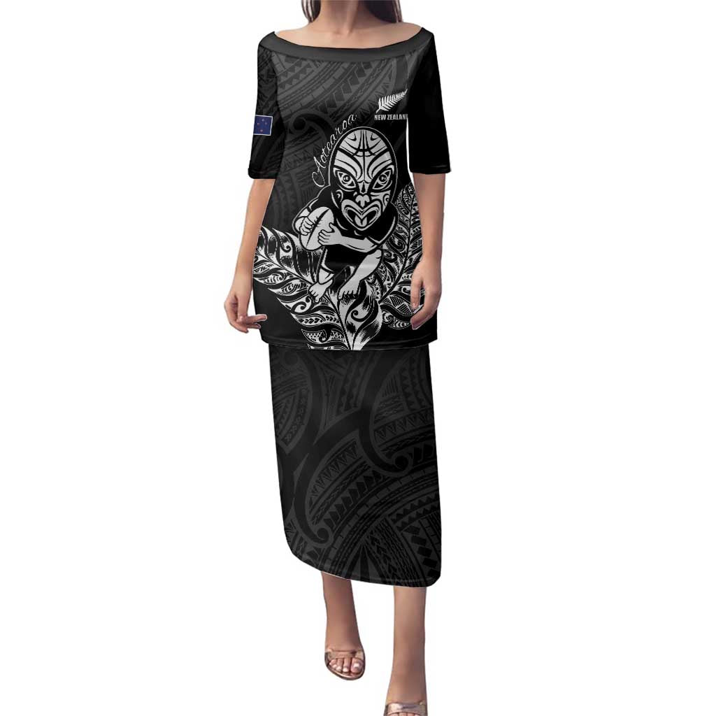 New Zealand Silver Fern Rugby Custom Family Matching Puletasi and Hawaiian Shirt Maori Tiki Black Version