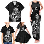 New Zealand Silver Fern Rugby Custom Family Matching Tank Maxi Dress and Hawaiian Shirt Maori Tiki Black Version