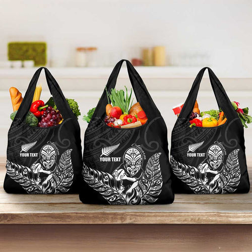 New Zealand Silver Fern Rugby Custom Grocery Bag Maori Tiki Black Version
