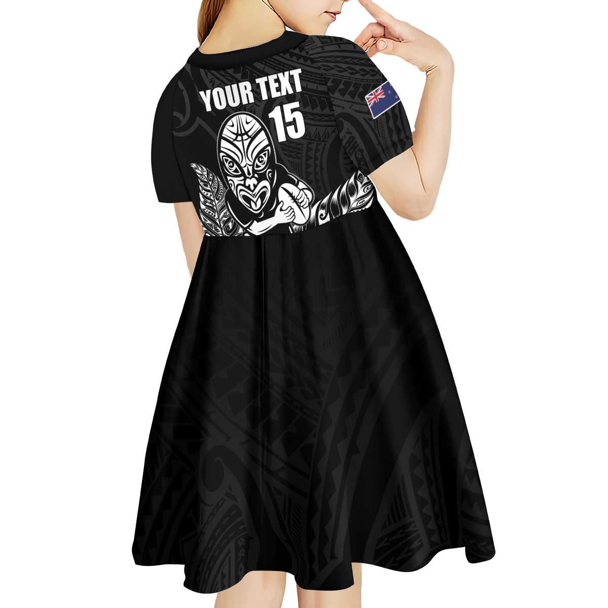 New Zealand Silver Fern Rugby Custom Kid Short Sleeve Dress Maori Tiki Black Version