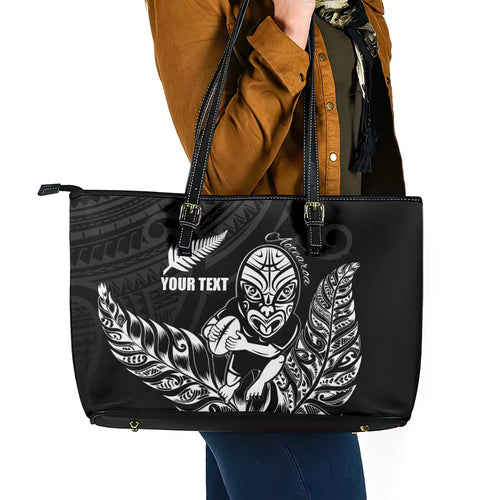 New Zealand Silver Fern Rugby Custom Leather Tote Bag Maori Tiki Black Version