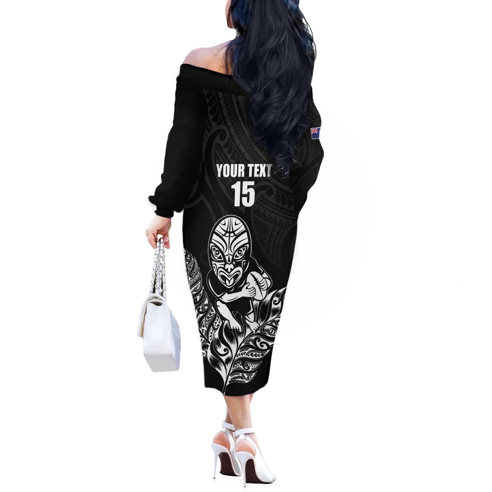 New Zealand Silver Fern Rugby Custom Off The Shoulder Long Sleeve Dress Maori Tiki Black Version