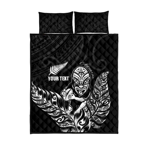 New Zealand Silver Fern Rugby Custom Quilt Bed Set Maori Tiki Black Version