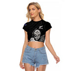 New Zealand Silver Fern Rugby Custom Raglan Cropped T Shirt Maori Tiki Black Version