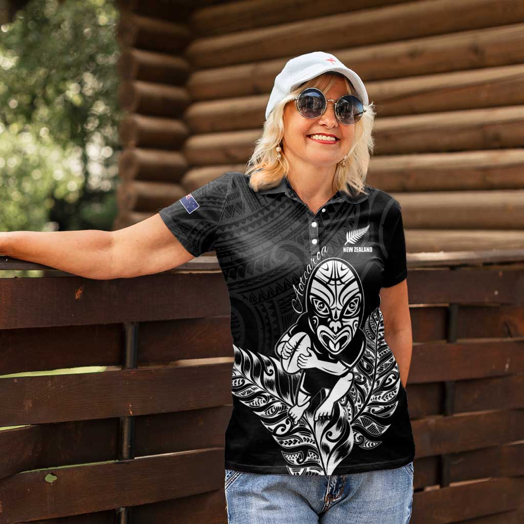 New Zealand Silver Fern Rugby Custom Women Polo Shirt Maori Tiki Black Version