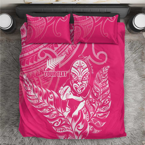 New Zealand Silver Fern Rugby Custom Bedding Set Maori Tiki Pink Version
