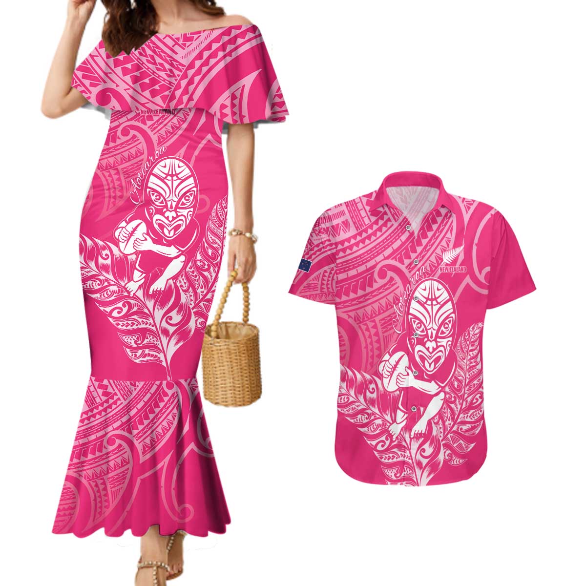 New Zealand Silver Fern Rugby Custom Couples Matching Mermaid Dress and Hawaiian Shirt Maori Tiki Pink Version