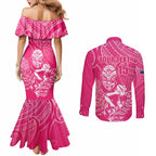 New Zealand Silver Fern Rugby Custom Couples Matching Mermaid Dress and Long Sleeve Button Shirt Maori Tiki Pink Version