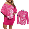 New Zealand Silver Fern Rugby Custom Couples Matching Off Shoulder Short Dress and Long Sleeve Button Shirt Maori Tiki Pink Version
