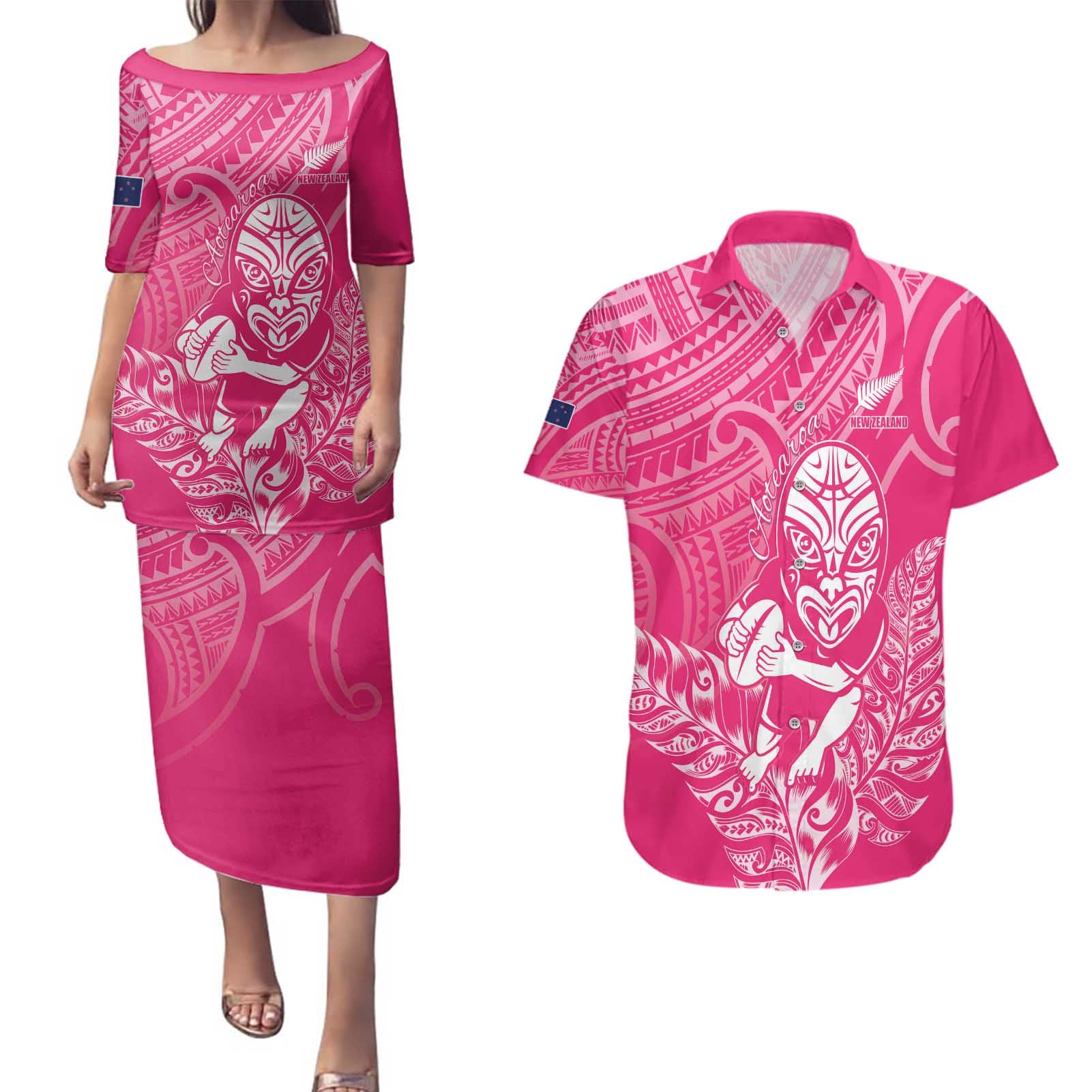 New Zealand Silver Fern Rugby Custom Couples Matching Puletasi and Hawaiian Shirt Maori Tiki Pink Version