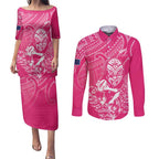 New Zealand Silver Fern Rugby Custom Couples Matching Puletasi and Long Sleeve Button Shirt Maori Tiki Pink Version