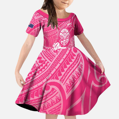 New Zealand Silver Fern Rugby Custom Family Matching Long Sleeve Bodycon Dress and Hawaiian Shirt Maori Tiki Pink Version