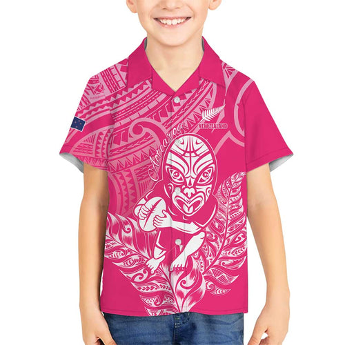 New Zealand Silver Fern Rugby Custom Family Matching Off Shoulder Maxi Dress and Hawaiian Shirt Maori Tiki Pink Version