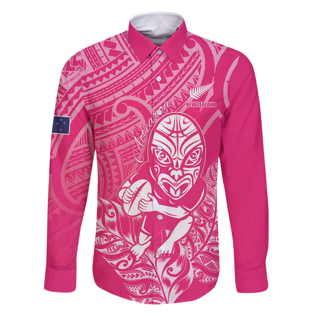 New Zealand Silver Fern Rugby Custom Family Matching Off Shoulder Short Dress and Hawaiian Shirt Maori Tiki Pink Version