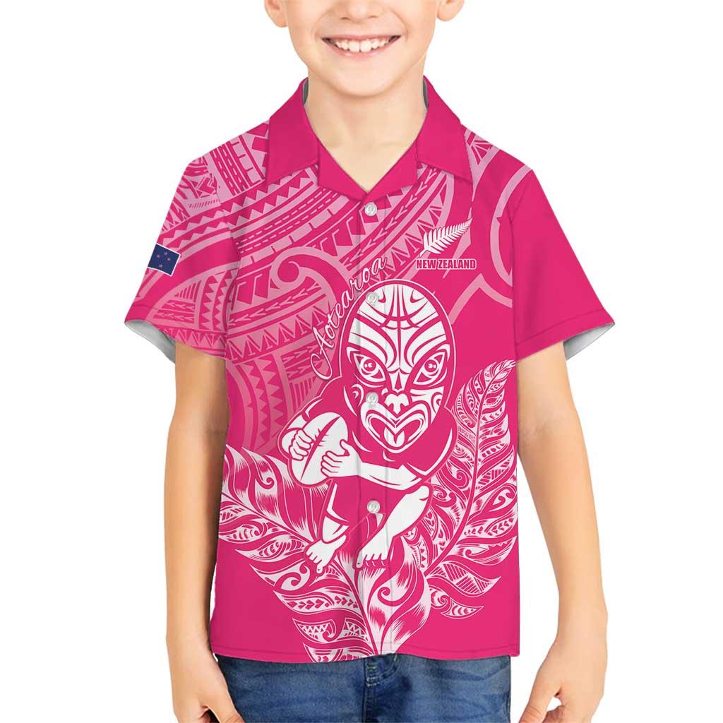 New Zealand Silver Fern Rugby Custom Family Matching Puletasi and Hawaiian Shirt Maori Tiki Pink Version