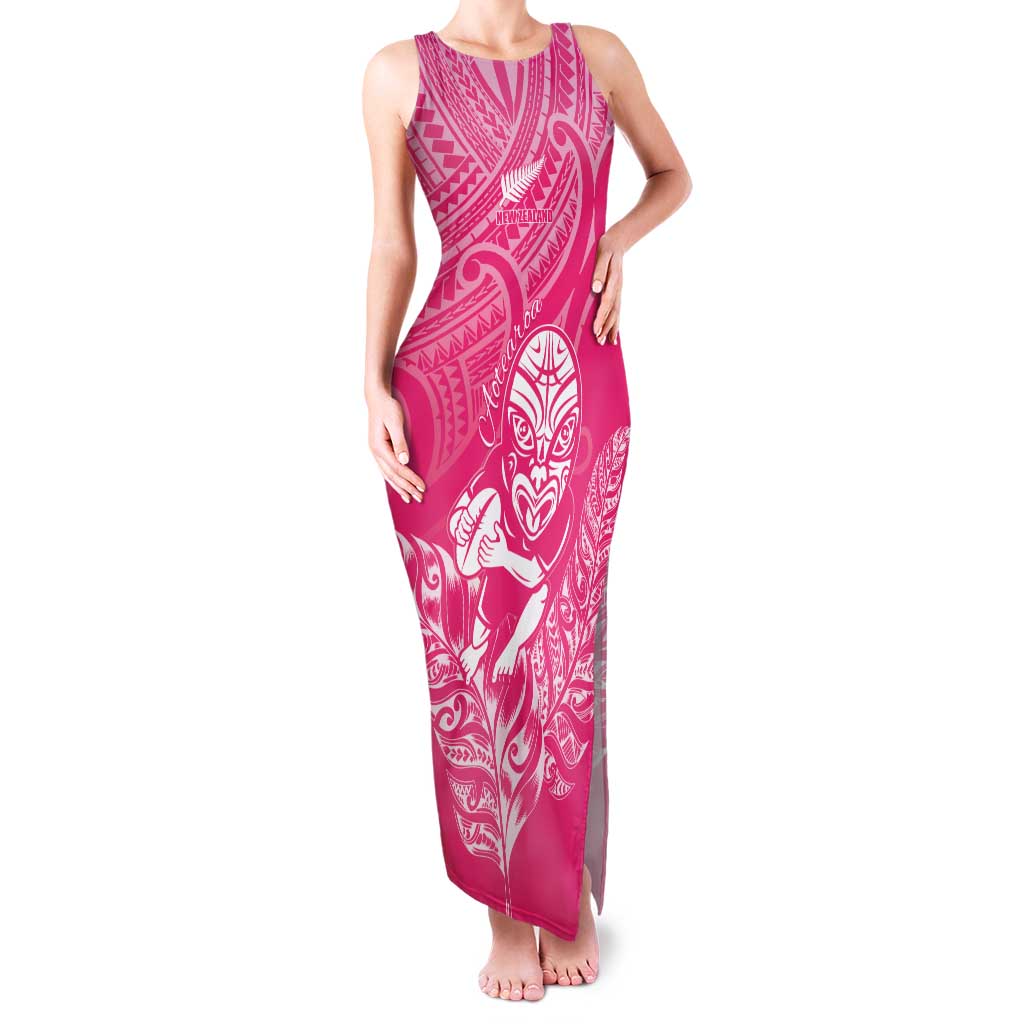 New Zealand Silver Fern Rugby Custom Family Matching Tank Maxi Dress and Hawaiian Shirt Maori Tiki Pink Version