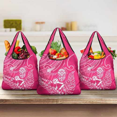 New Zealand Silver Fern Rugby Custom Grocery Bag Maori Tiki Pink Version