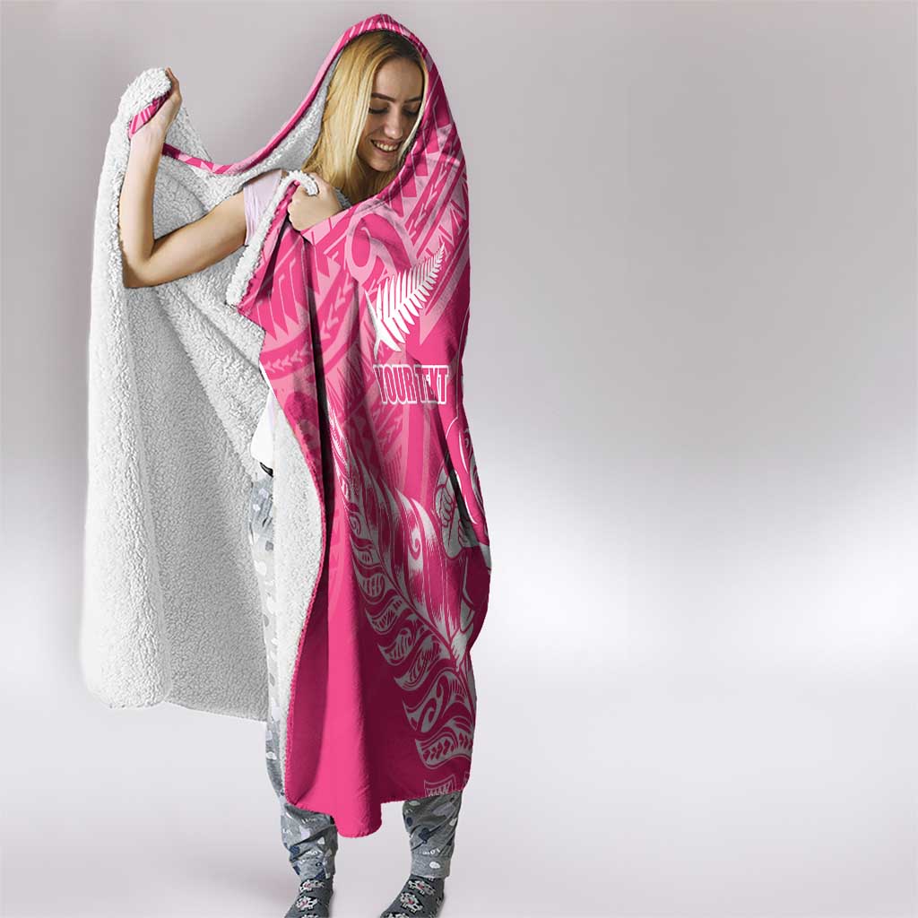 New Zealand Silver Fern Rugby Custom Hooded Blanket Maori Tiki Pink Version