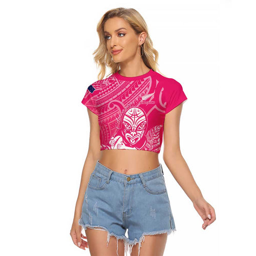 New Zealand Silver Fern Rugby Custom Raglan Cropped T Shirt Maori Tiki Pink Version