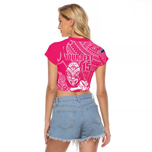 New Zealand Silver Fern Rugby Custom Raglan Cropped T Shirt Maori Tiki Pink Version