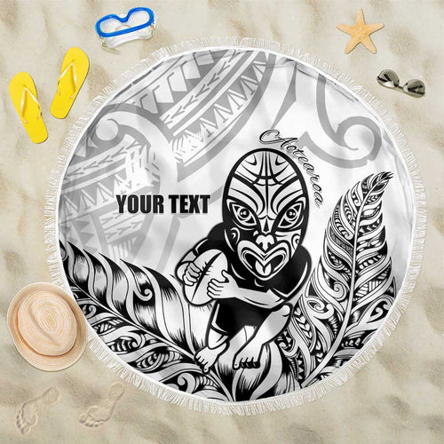 New Zealand Silver Fern Rugby Custom Beach Blanket Maori Tiki White Version