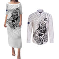 New Zealand Silver Fern Rugby Custom Couples Matching Puletasi and Long Sleeve Button Shirt Maori Tiki White Version