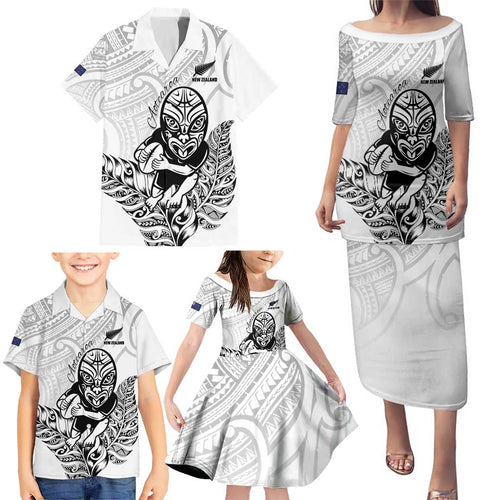 New Zealand Silver Fern Rugby Custom Family Matching Puletasi and Hawaiian Shirt Maori Tiki White Version