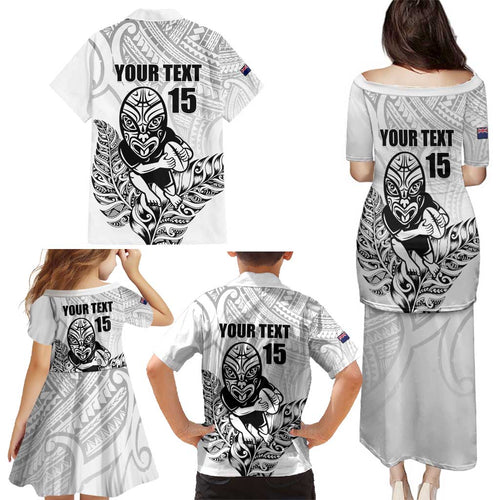New Zealand Silver Fern Rugby Custom Family Matching Puletasi and Hawaiian Shirt Maori Tiki White Version