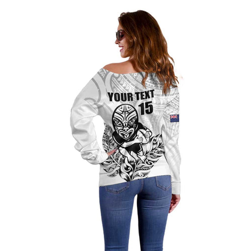 New Zealand Silver Fern Rugby Custom Off Shoulder Sweater Maori Tiki White Version
