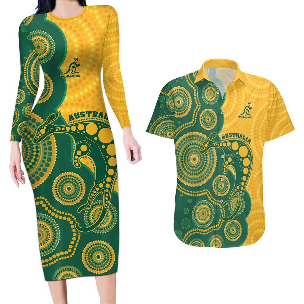 Australia Rugby Custom Couples Matching Long Sleeve Bodycon Dress and Hawaiian Shirt Go Wallabies Aboriginal Style