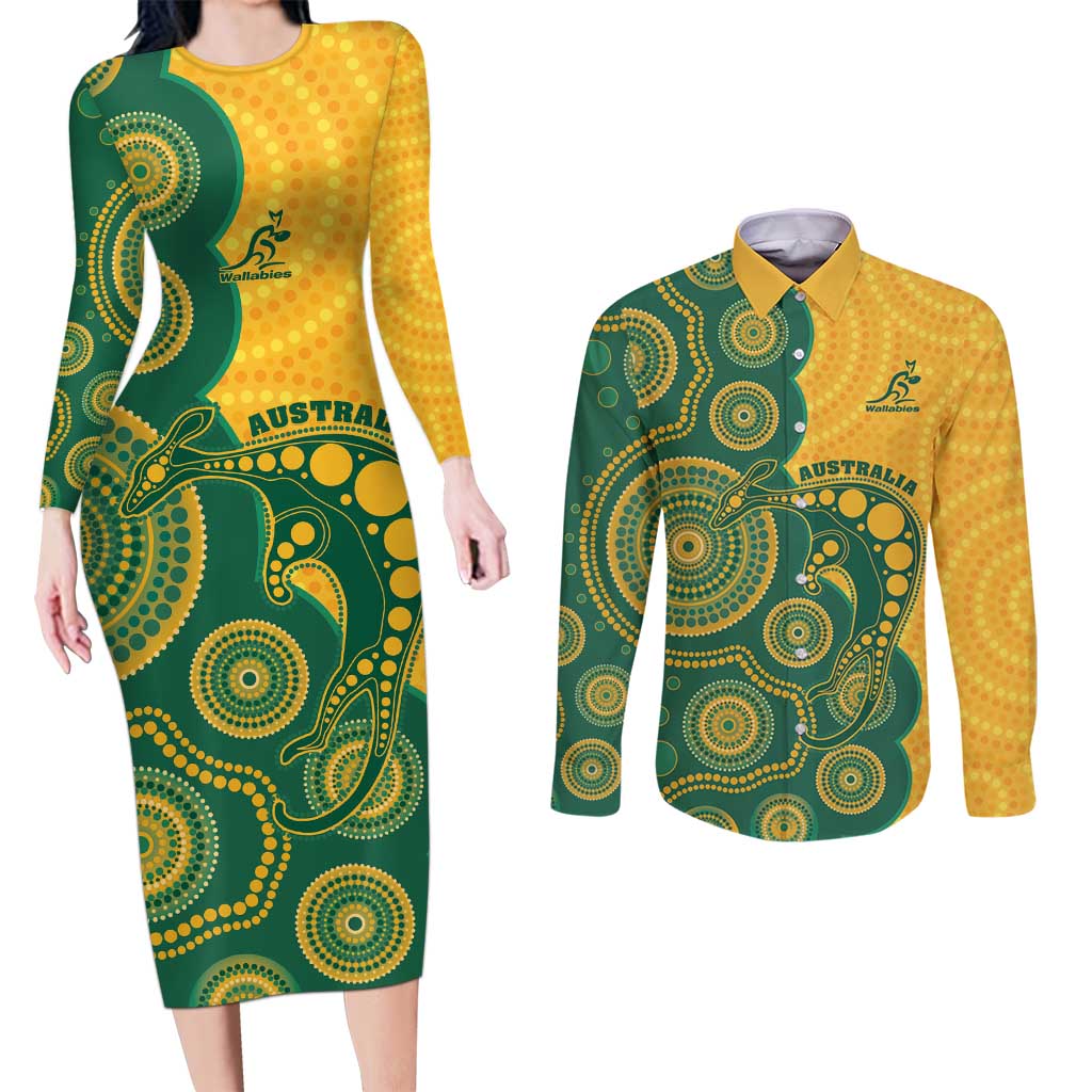 Australia Rugby Custom Couples Matching Long Sleeve Bodycon Dress and Long Sleeve Button Shirt Go Wallabies Aboriginal Style