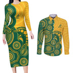 Australia Rugby Custom Couples Matching Long Sleeve Bodycon Dress and Long Sleeve Button Shirt Go Wallabies Aboriginal Style