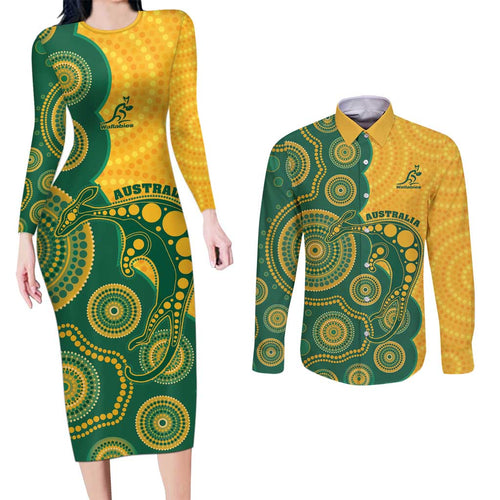 Australia Rugby Custom Couples Matching Long Sleeve Bodycon Dress and Long Sleeve Button Shirt Go Wallabies Aboriginal Style